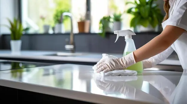 Cleaner wiping a white kitchen countertop with a cloth and spray bottle