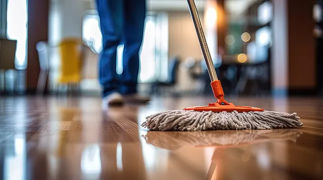 Mopping a polished hardwood floor in a commercial space
