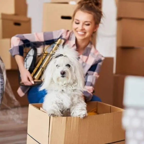 Woman unpacking moving boxes with her dog in a new home