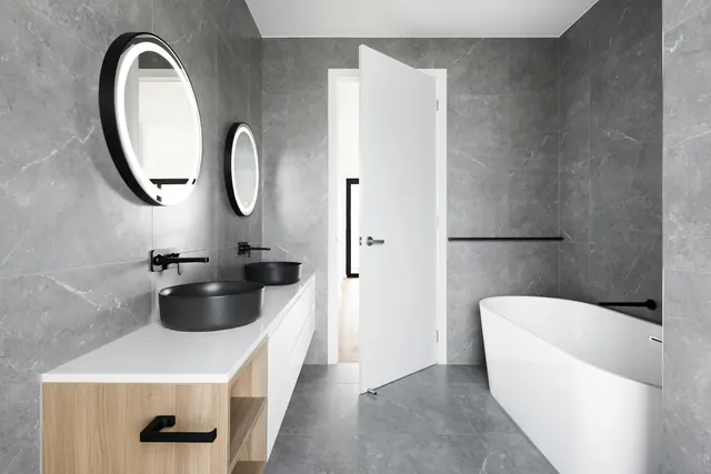 Freshly renovated bathroom with a freestanding tub