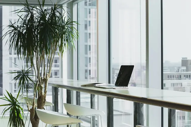 Bright modern office workspace with glass walls