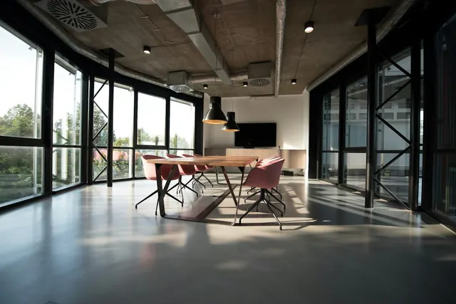 Open plan office with clean floors and tidy workspaces