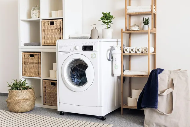 Laundry area with fresh towels for guest turnovers